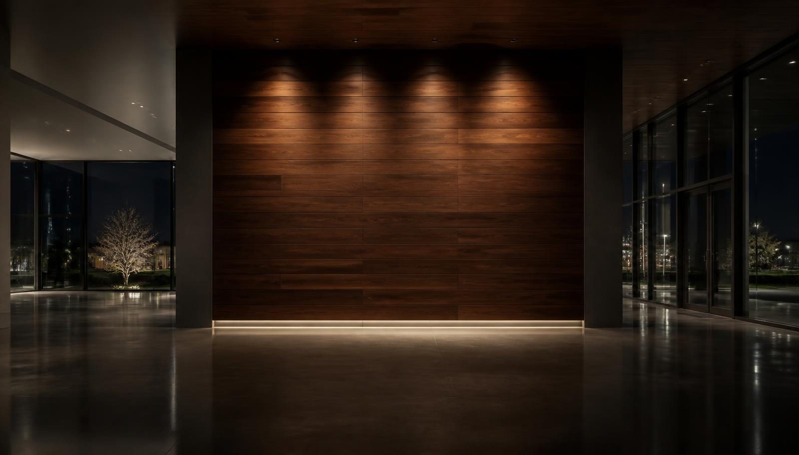 Leerer Premium-Showroom mit Holz-Feature-Wand für das Logo des Autohändlers